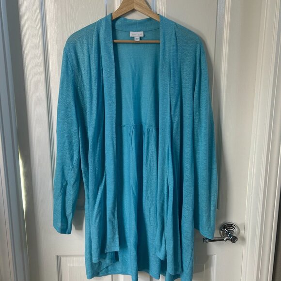 J Jill Open Front Cardigan Sweater Duster Long Linen Aqua Blue SZL Everyday Wear - Picture 4 of 7